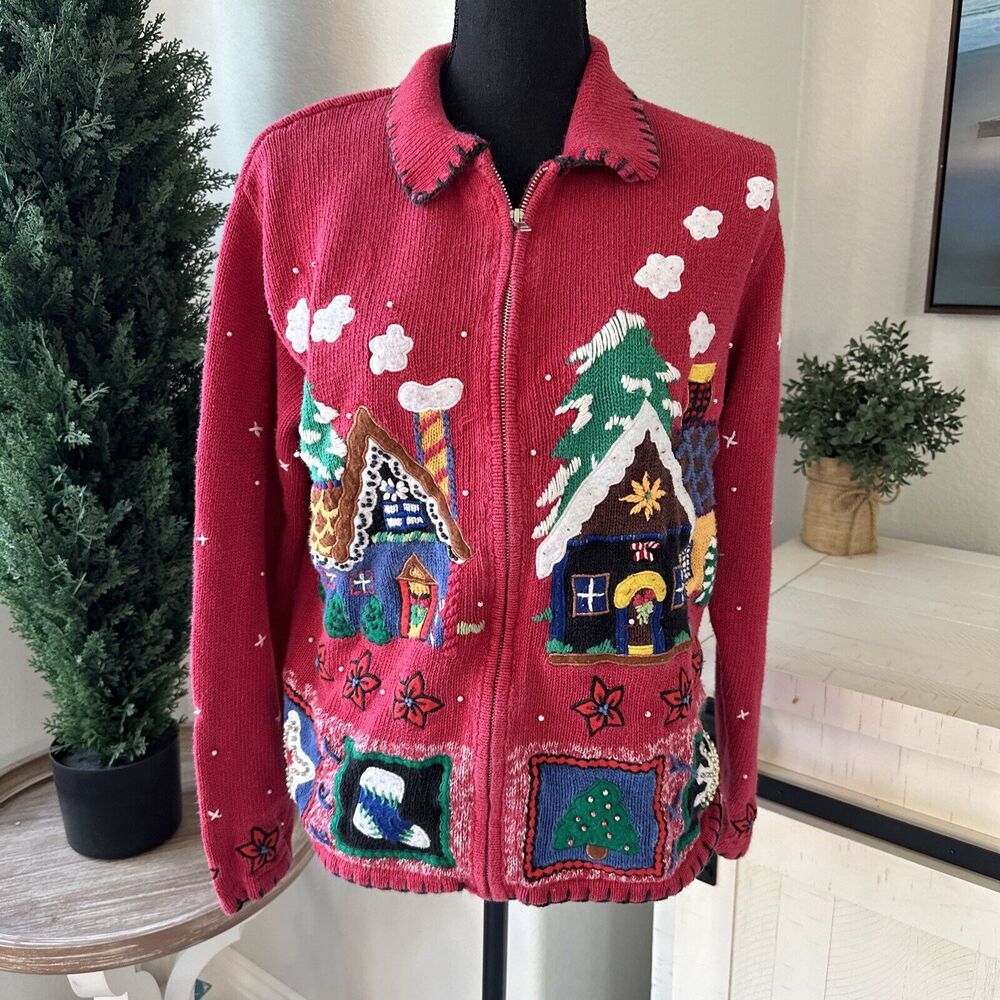 W/Flaw Great Cavalier VTG‎ Ugly Christmas Sweater Houses Size Medium Red Zip Up
